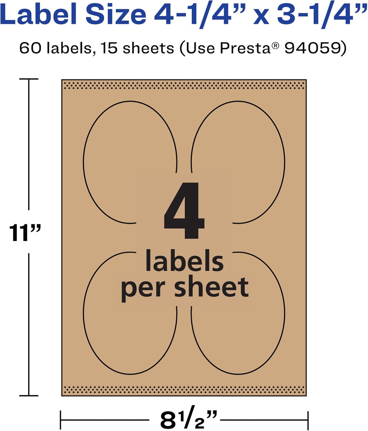 Avery Kraft Brown Oval Labels, Sure Feed Technology, 4.25" x 3.25", 60 Kraft Brown Labels, Print-to-The-Edge