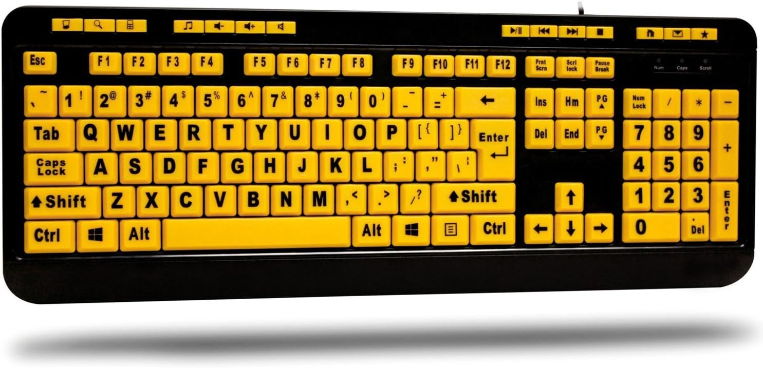 AKB-132UY - Luminous 4 X Large Print Multimedia Desktop USB Keyboard, Black Yellow No Size
