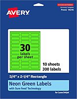 Avery Printable Neon Green Rectangle Labels with Sure Feed Technology, 3/4" x 2-1/4", Print-to-the-Edge