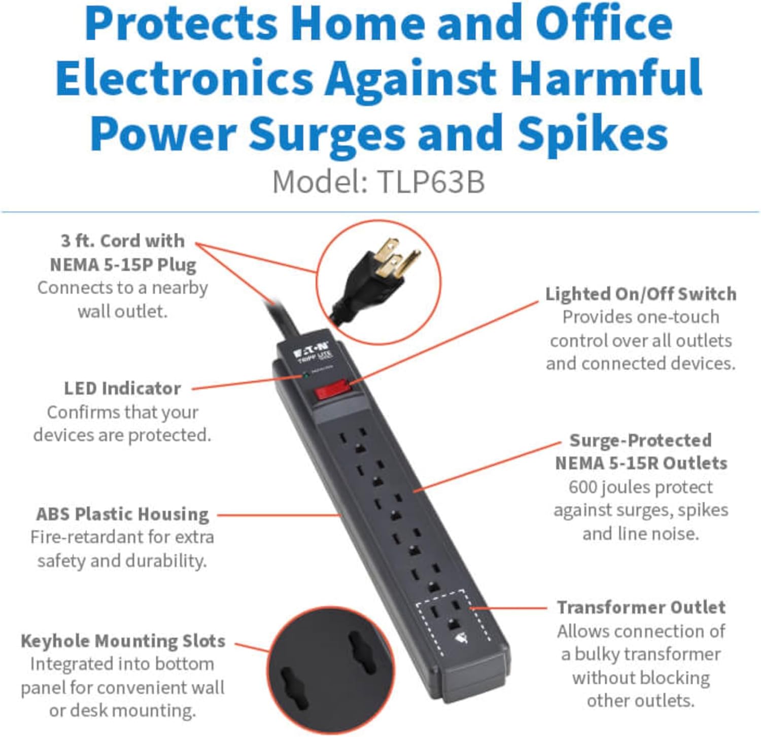Eaton Tripp Lite Series 6-Outlet Surge Protector Power Strip, 3ft Extension Cord, 600 Joules, 15A Circuit Breaker, Black