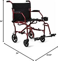 Medline Ultra Lightweight Transport Wheelchair for Adults, Foldable, 19-Inch Seat Width, Red Frame, Black Upholstery Red Wheelchair