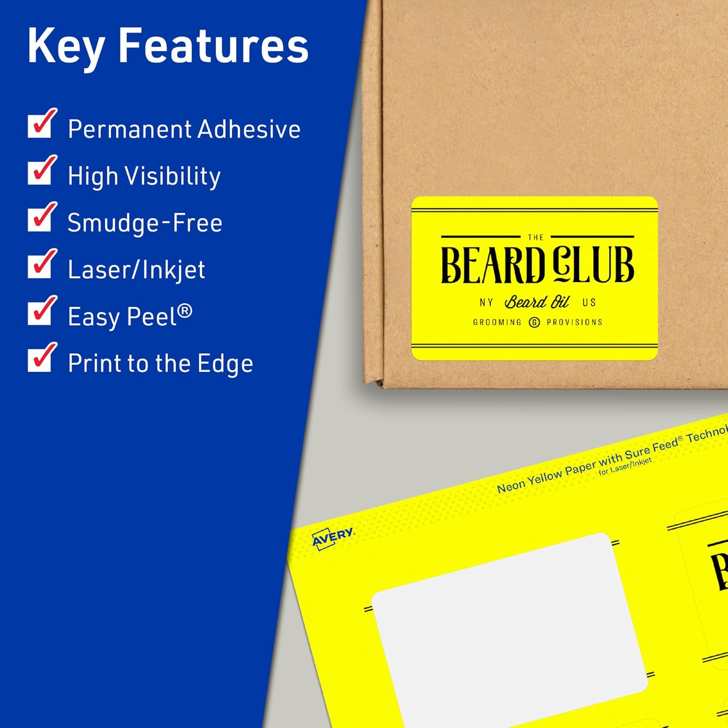 Avery Neon Yellow Rectangle Labels, 2 x 3.75 in, Sure Feed, Print-to-the-Edge