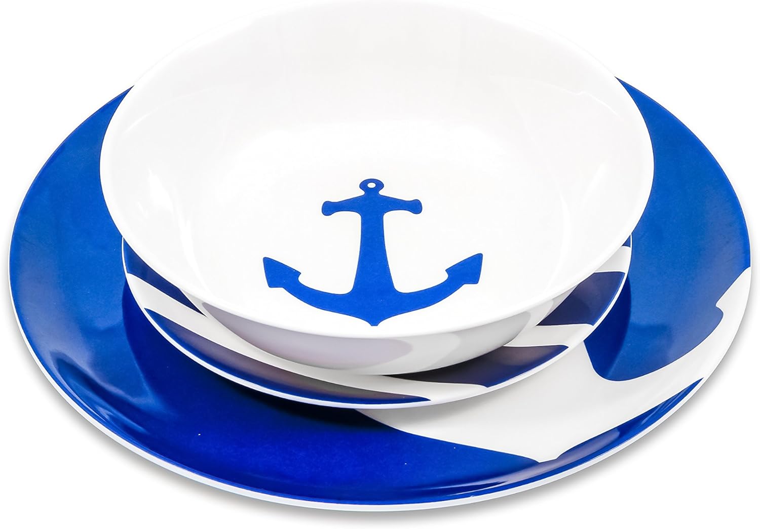 Camco Blue and White Nautical Design 12 Piece Dishware Set- Includes Marine Style Plates and Bowls | Perfect Boating
