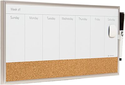 U Brands Magnetic Dry Erase Weekly Calendar Board With Cork Strip, 18"x7.5", Silver Aluminum Frame, Includes Magnet, Marker 18"W x 7.5"H