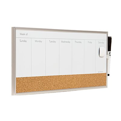 U Brands Magnetic Dry Erase Weekly Calendar Board With Cork Strip, 18"x7.5", Silver Aluminum Frame, Includes Magnet, Marker 18"W x 7.5"H