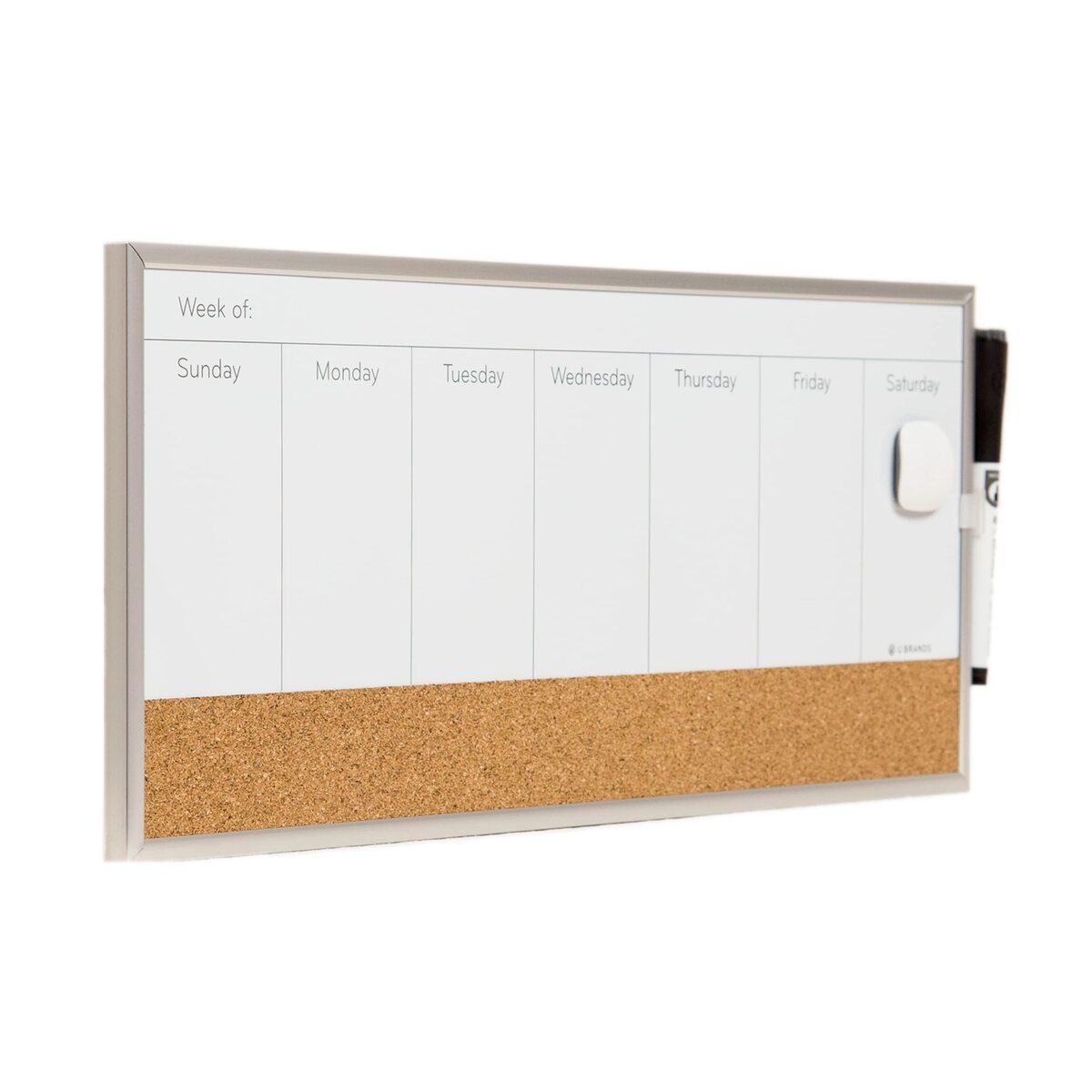 U Brands Magnetic Dry Erase Weekly Calendar Board With Cork Strip, 18"x7.5", Silver Aluminum Frame, Includes Magnet, Marker 18"W x 7.5"H