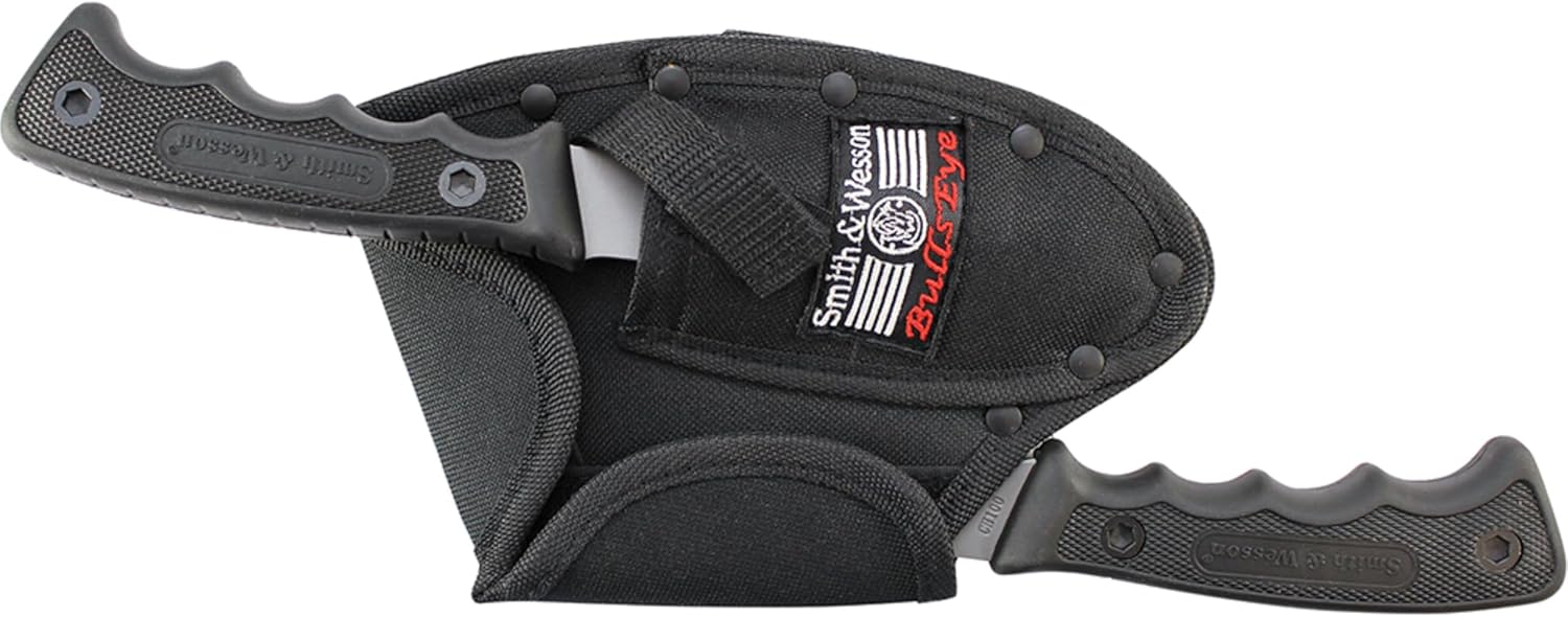 Smith & Wesson Bullseye Hatchet and Fixed Blade Guthook Knife Combo with S.S. Blade and Rubber Handle for Outdoor, Tactical