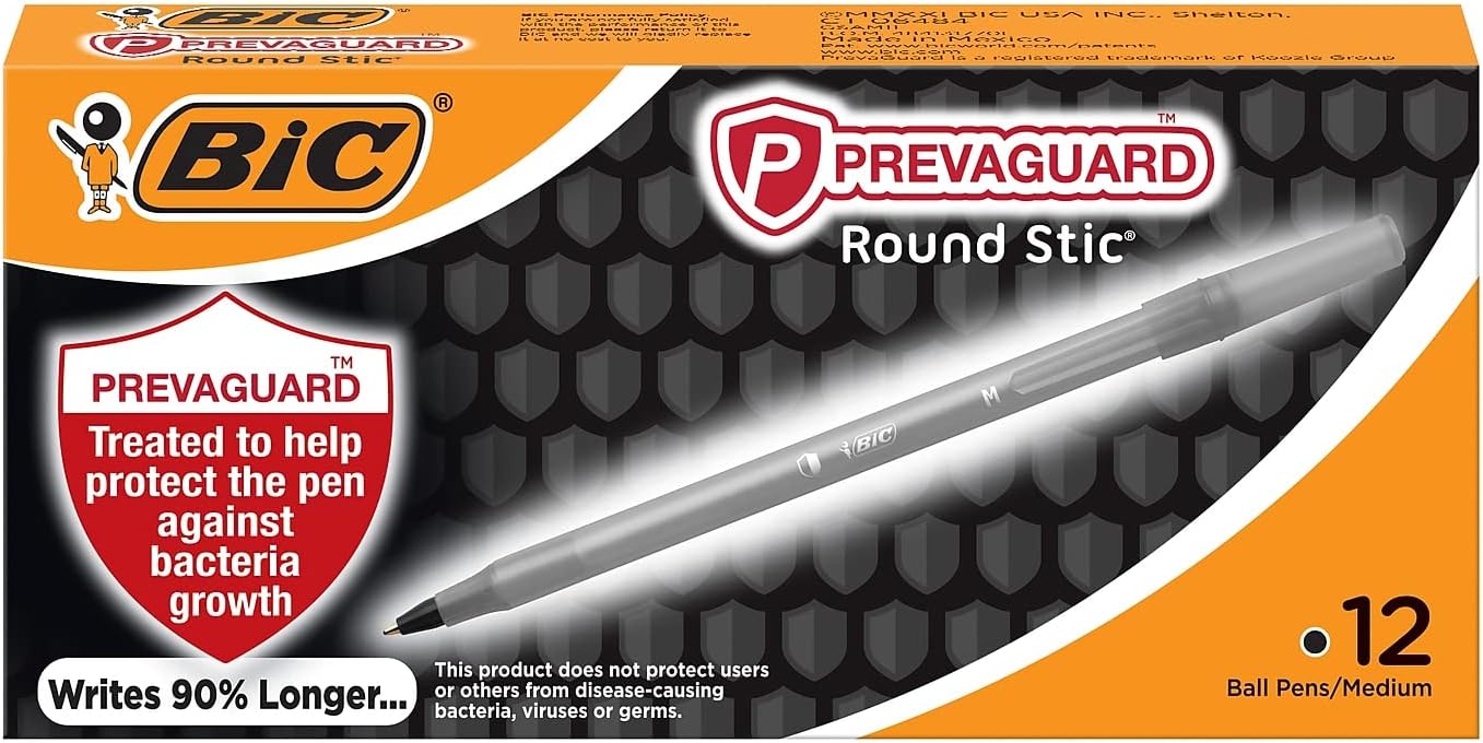 BIC PrevaGuard Round Stic Ballpoint Pen With Built-in Protection To Suppress Bacteria Growth, Medium Point (1.0 mm), Black