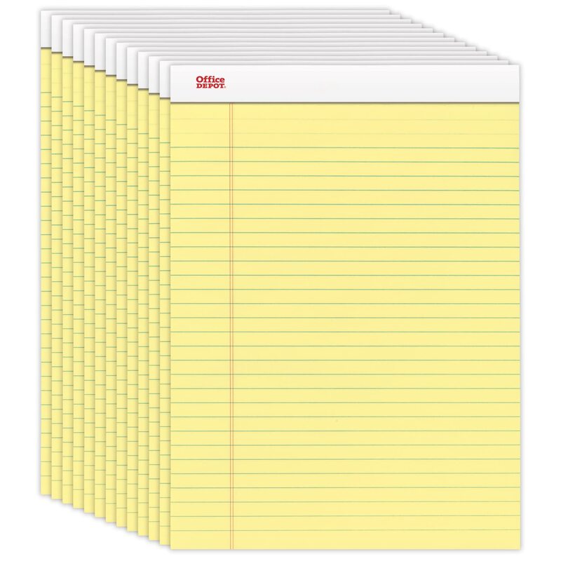 Office Depot(R) Perforated Writing Pads, 8 1/2" x 11 3/4", Legal Ruled, Canary, Pack Of 12