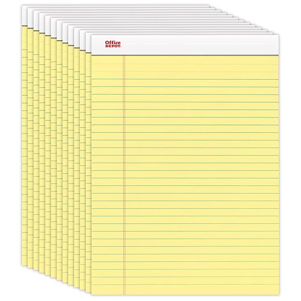 Office Depot(R) Perforated Writing Pads, 8 1/2" x 11 3/4", Legal Ruled, Canary, Pack Of 12