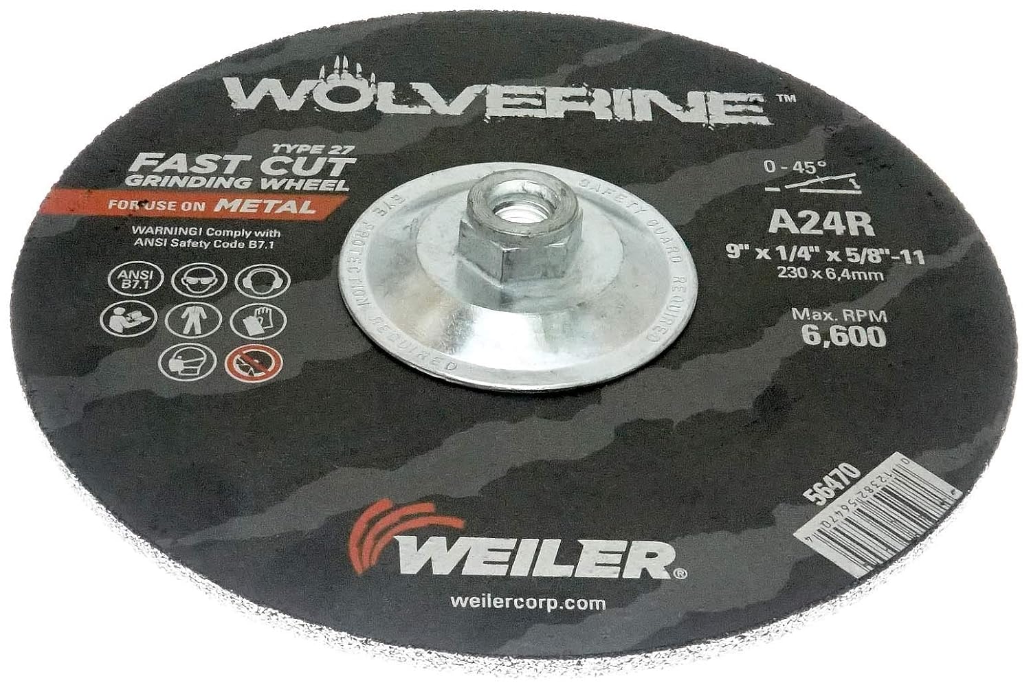 Weiler 56470 9" X 1/4" Wolverine Type 27 Grinding Wheel, A24R, 5/8"-11 Nut (Pack of 10)