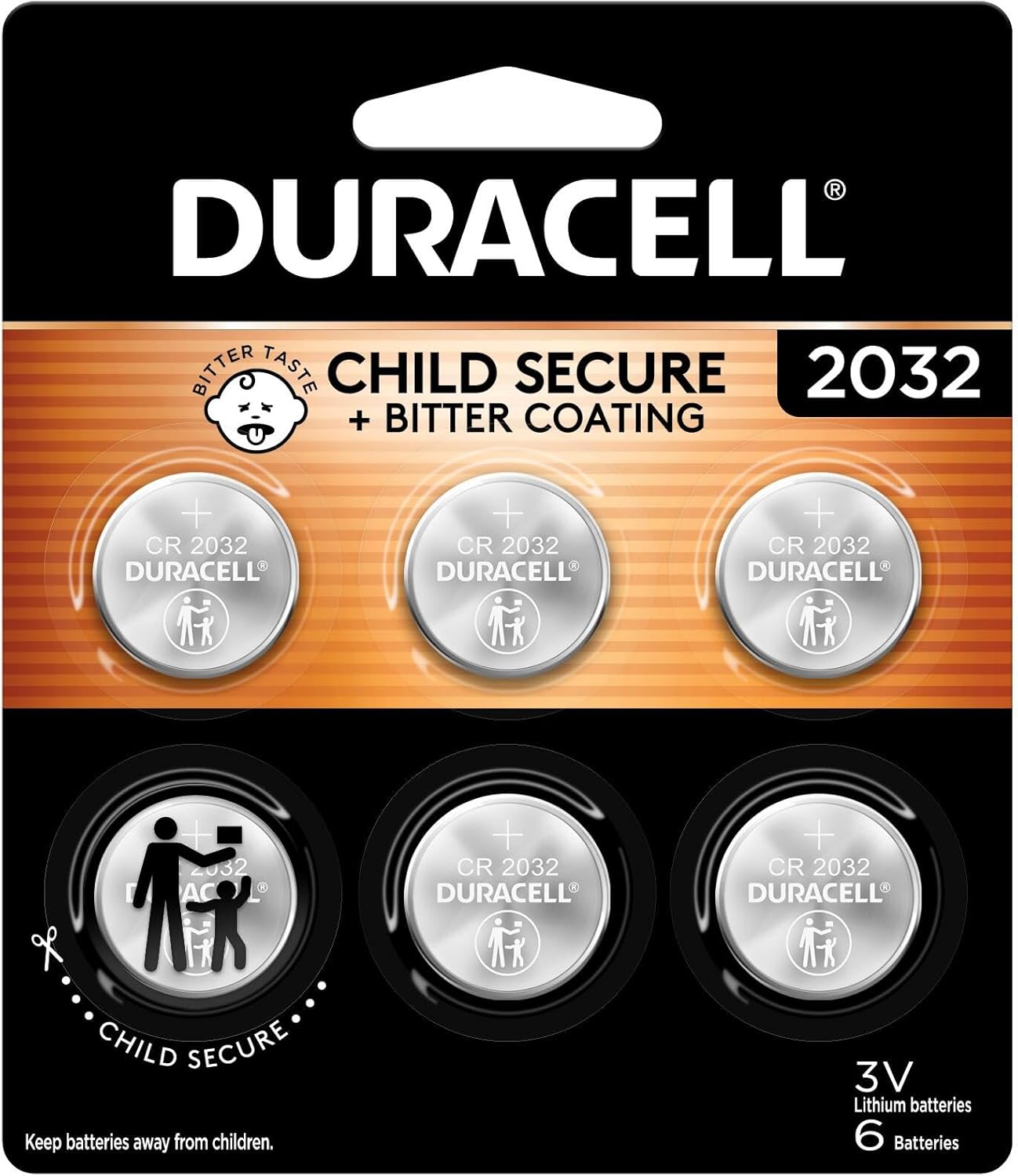 Duracell 2032 Lithium Battery, 6 Count (Pack of 1), Child Safety Features, Compatible with Key Fob