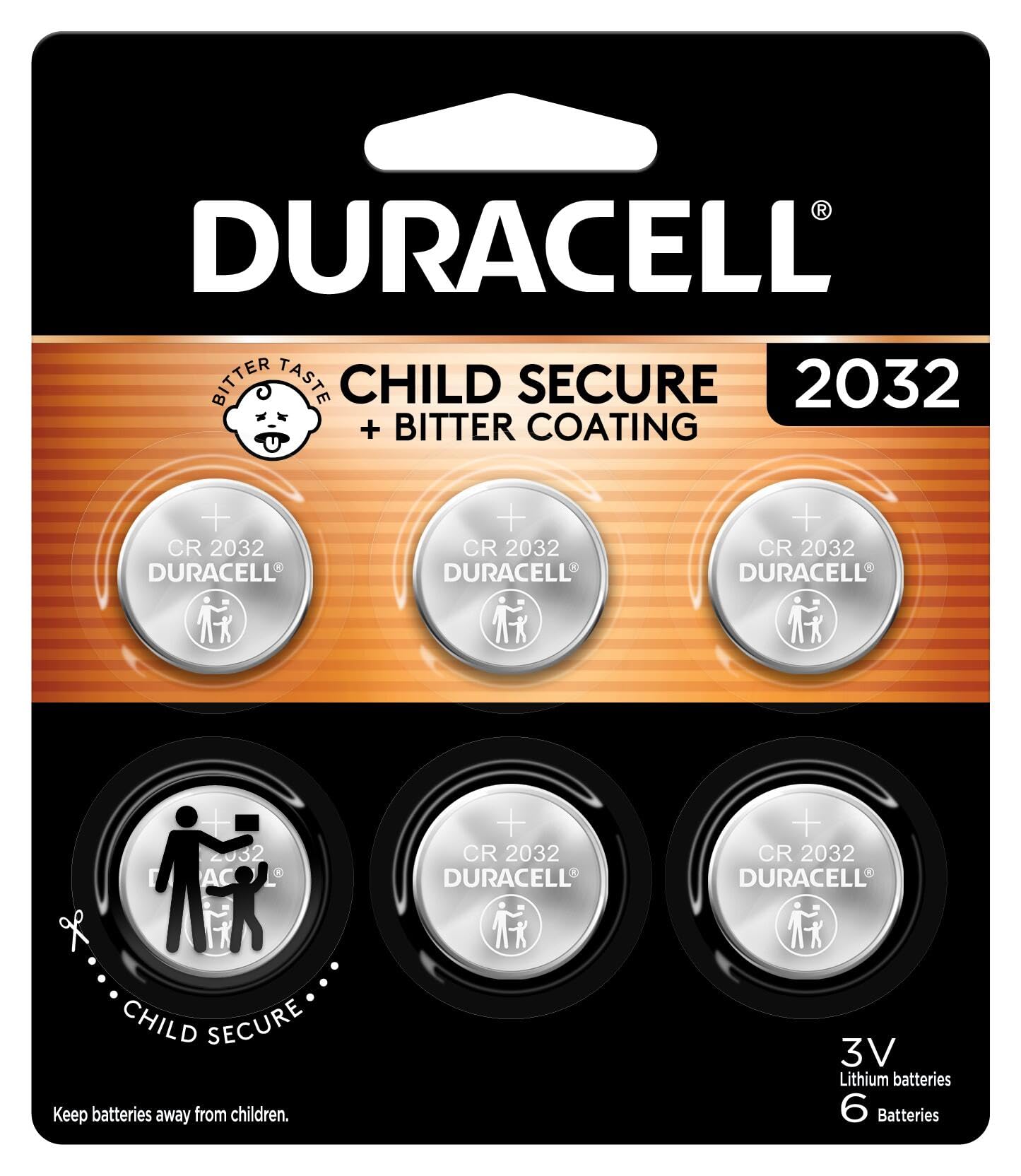 Duracell 2032 Lithium Battery, 6 Count (Pack of 1), Child Safety Features, Compatible with Key Fob