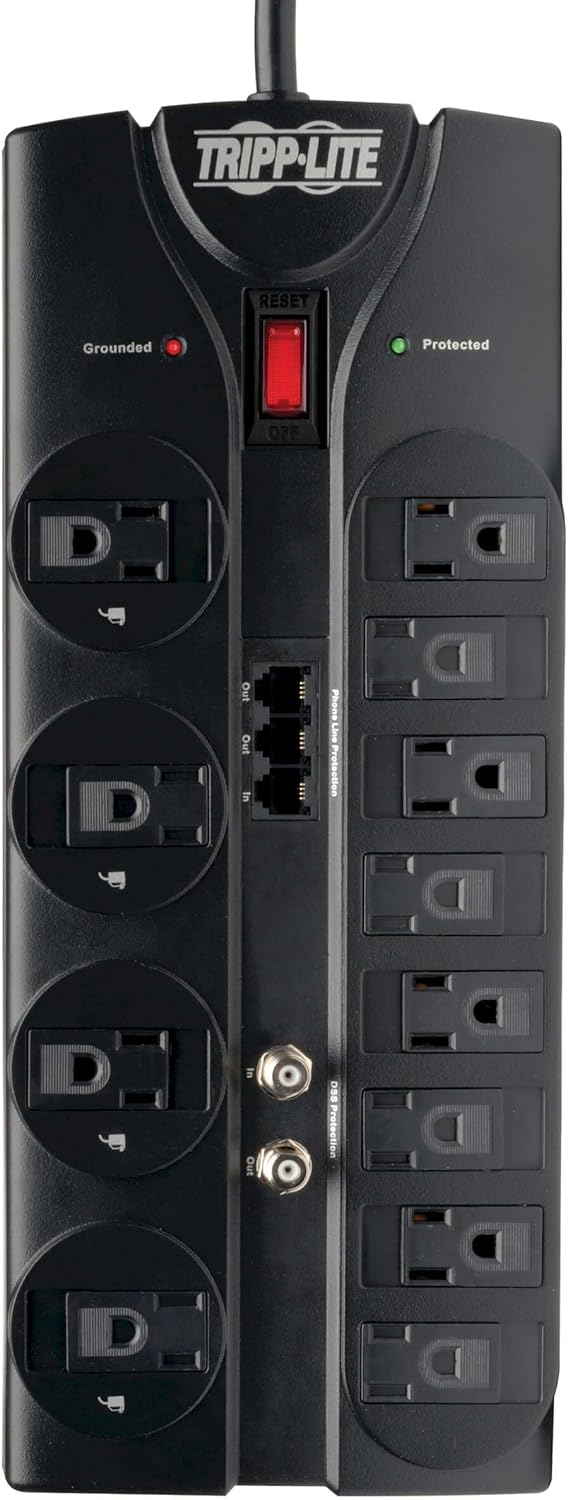 TRIPP LITE 12-Outlet Surge Protector Power Strip with Tel/Modem Protection, 8 ft Right-Angle Cord