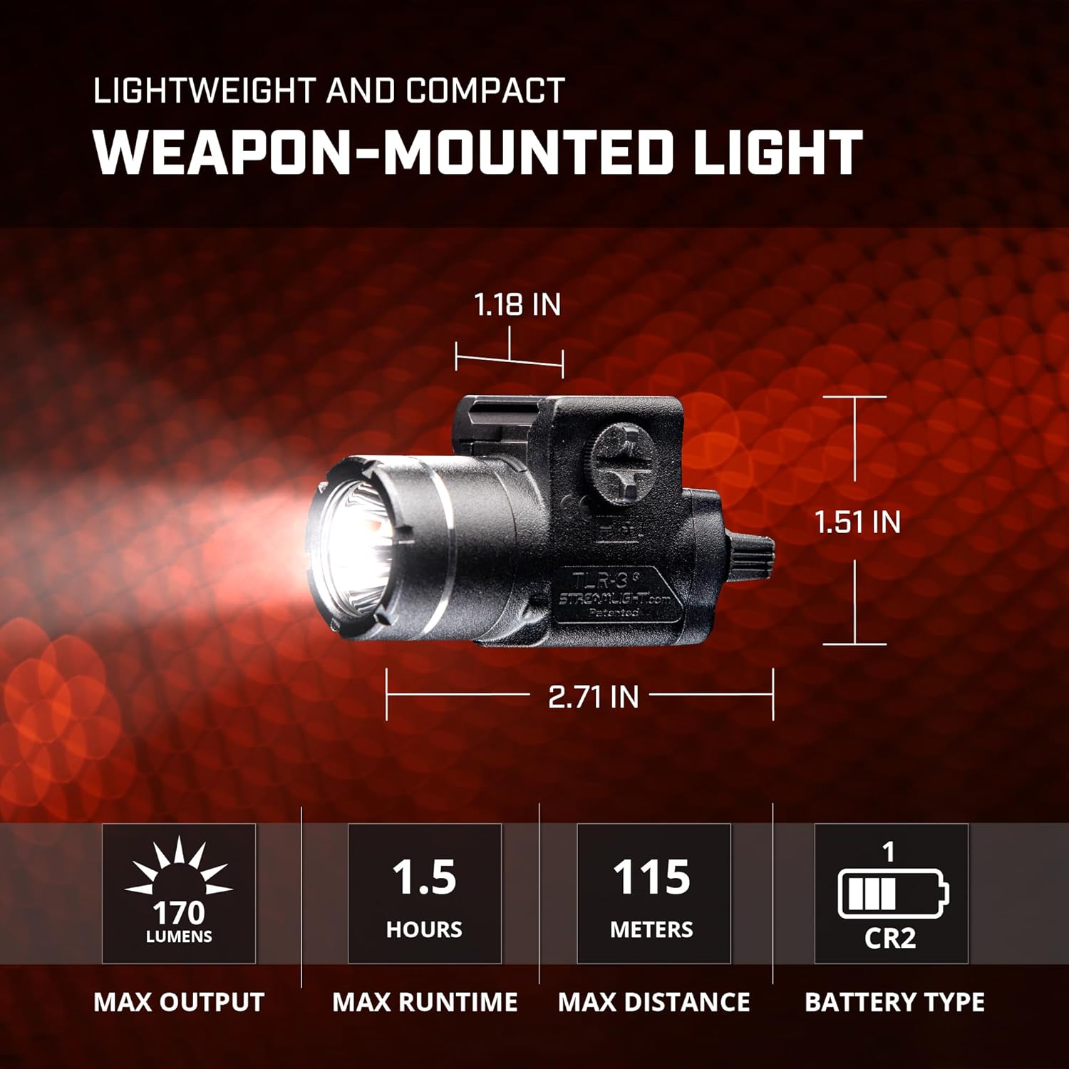 Streamlight 69220 TLR-3 170-Lumen Lightweight, Compact Weapon Mounted Tactical Light with Rail Locating Keys, Black
