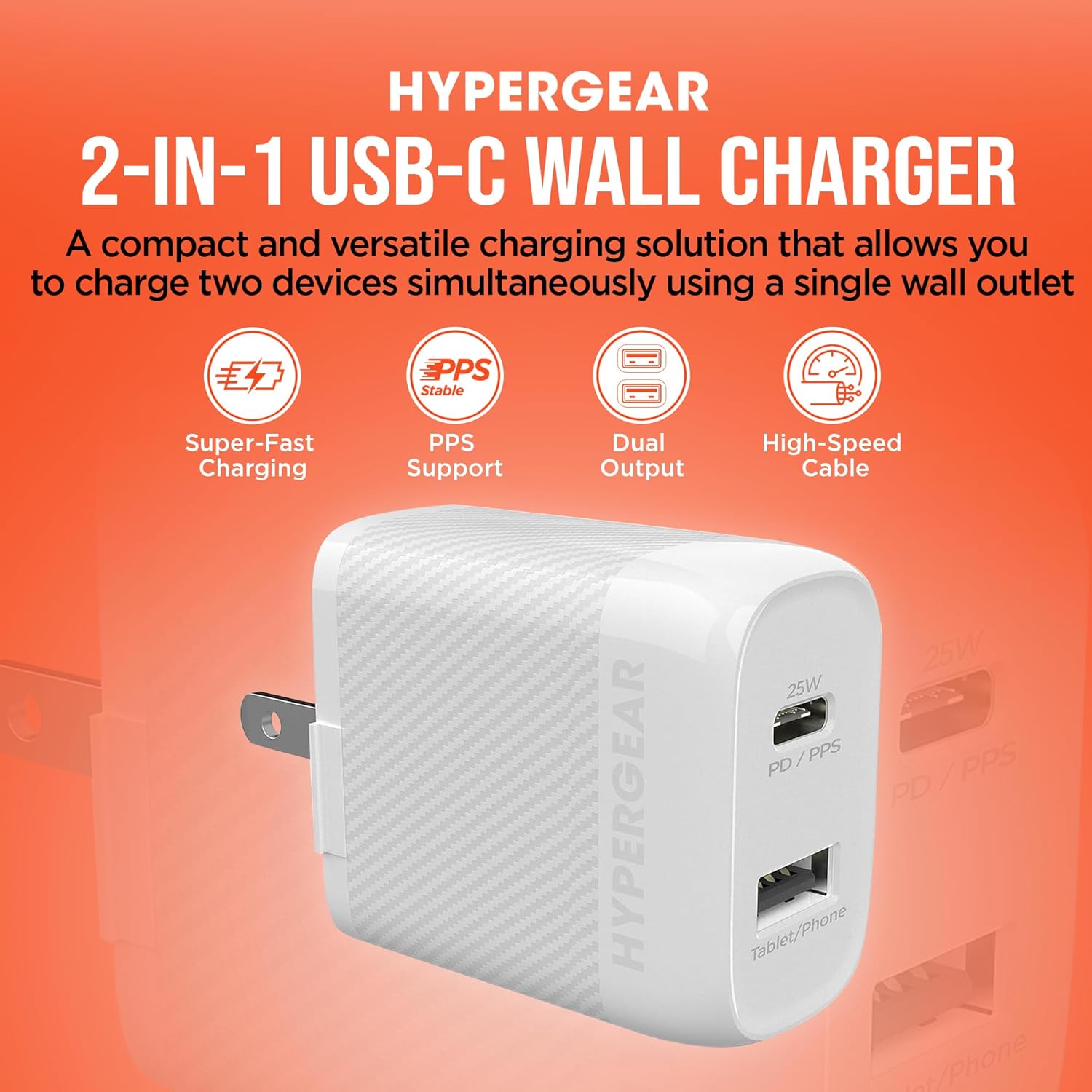 HyperGear USB-C Wall Charger Block - 25W & 12W USB-C to Lightning MFi Certified Cable Dual Port, USB Fast Charger