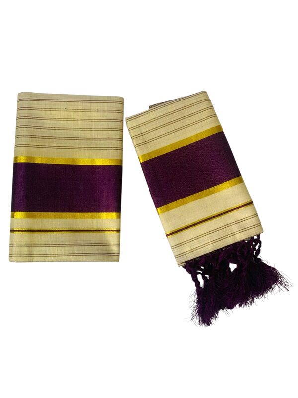 Women's Kuthampully Kerala Kasavu Set mundu Tissue with Kunjam | Kerala Tissue set mundu latest collections | Kuthampully Stripe Kasavu set mundu - Multi Color KTM-901 (Wine Red)