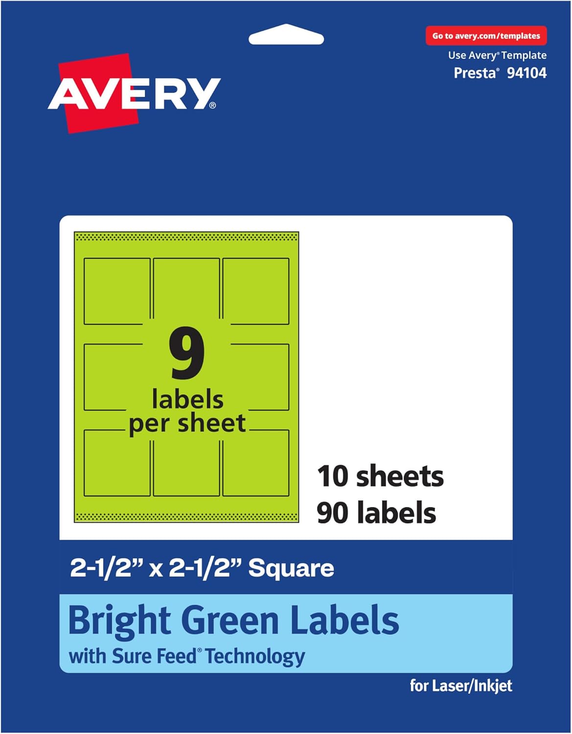Avery Printable Square Labels, Sure Feed Technology, 2-1/2" x 2-1/2", Bright Green Labels, Laser/Inkjet Printable, 90 Total