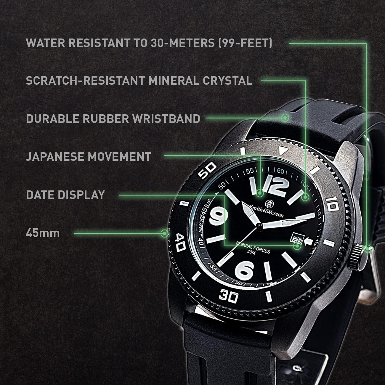 Smith & Wesson Paratrooper Men's Watch, 3ATM, Stainless Steel Caseback, Japanese Movement, Tactical Watch, Scratch Resistant