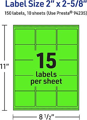 Avery Printable Rectangle Labels, Sure Feed Technology, 2" x 2-5/8", Neon Green Labels, Laser/Inkjet Printable, 150 Total