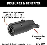 CURT 57261 7-Way RV Blade Vehicle-Side to 6-Way Round Trailer Wiring Adapter, Center Pin Auxiliary Power
