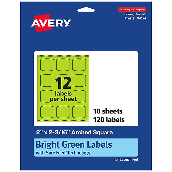Avery Print-To-The-Edge Labels With Sure Feed Technology, 94124-BGP10, Arched Square, 2in x 2-3/16in, Matte Bright Green, Pack of 120
