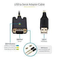 StarTech.com 6.6ft/2m USB to Serial Adapter Cable, COM Retention, FTDI, USB-A to DB9 RS232, Interchangeable DB9 Screws/Nuts