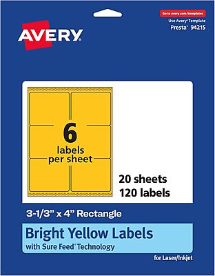 Avery Printable Rectangle Labels, Sure Feed Technology, 3-1/3" x 4", Bright Yellow, Laser/Inkjet Printable