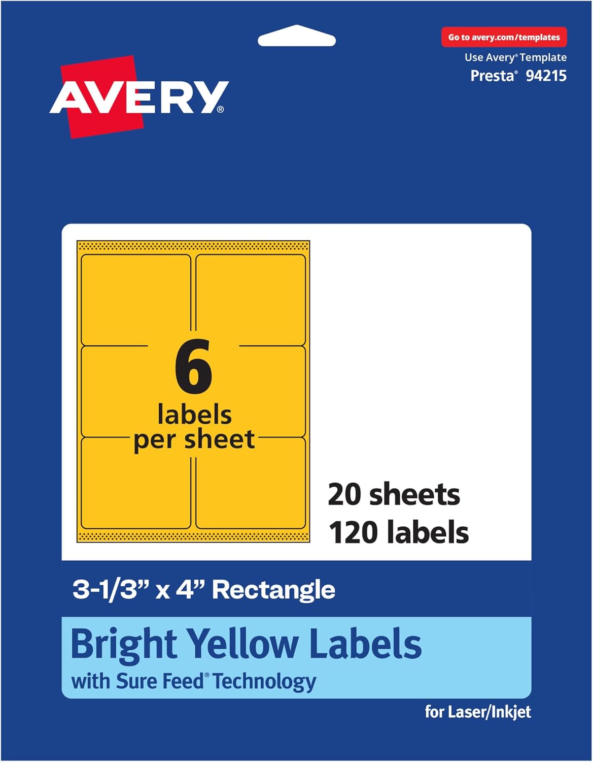 Avery Printable Rectangle Labels, Sure Feed Technology, 3-1/3" x 4", Bright Yellow, Laser/Inkjet Printable