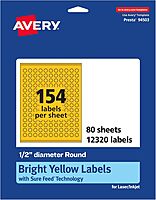 Avery Printable Round Labels, Sure Feed Technology, 1/2" Diameter, Bright Yellow, Print-to-the-Edge, Laser/Inkjet