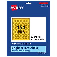 Avery Printable Round Labels, Sure Feed Technology, 1/2" Diameter, Bright Yellow, Print-to-the-Edge, Laser/Inkjet