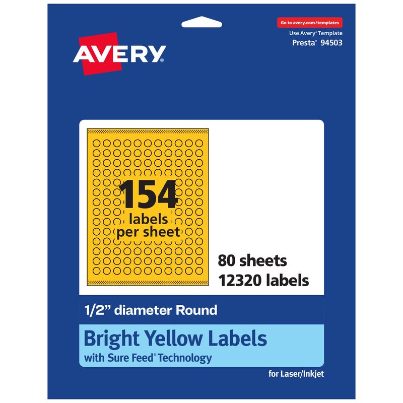 Avery Printable Round Labels, Sure Feed Technology, 1/2" Diameter, Bright Yellow, Print-to-the-Edge, Laser/Inkjet