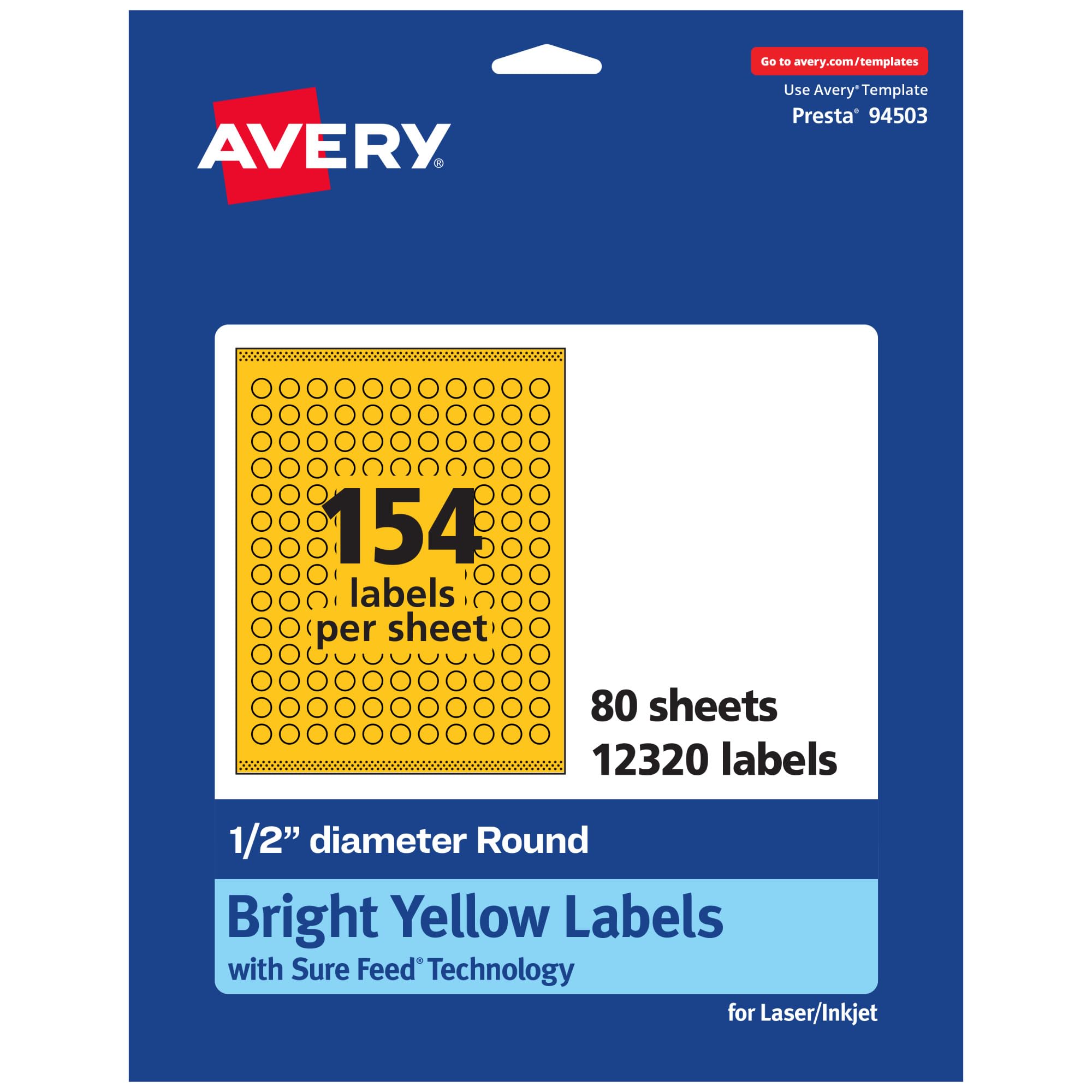 Avery Printable Round Labels, Sure Feed Technology, 1/2" Diameter, Bright Yellow, Print-to-the-Edge, Laser/Inkjet