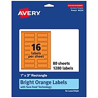 AVERY Printable Rectangle Labels, Sure Feed Technology, 1" x 3", Bright Orange, Print-to-The-Edge