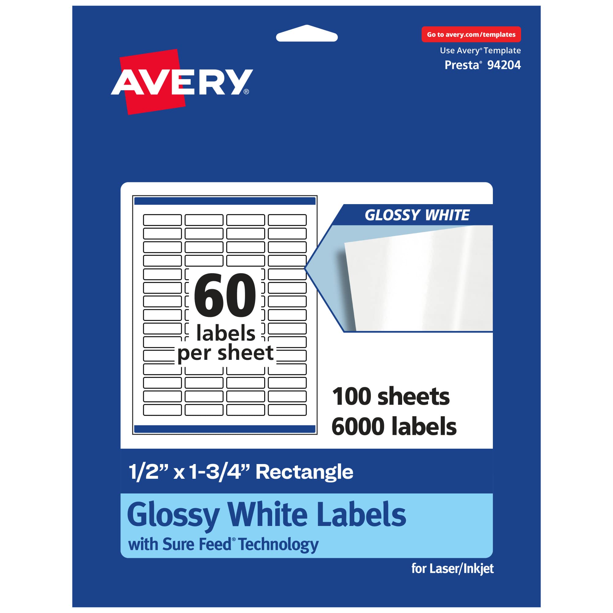 Avery Glossy White Rectangle Labels, Sure Feed Technology, 0.5 x 1.75 in, Print-to-The-Edge, Permanent Adhesive