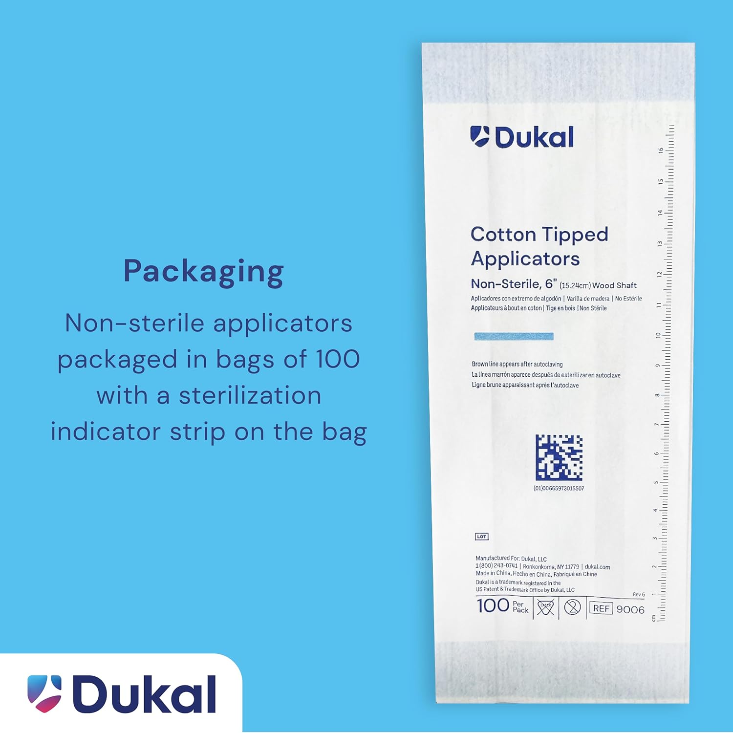 Dukal 9006 Cotton Tipped Applicator, Non-Sterile, 6" (10 Bags of 100) (Pack of 1000)