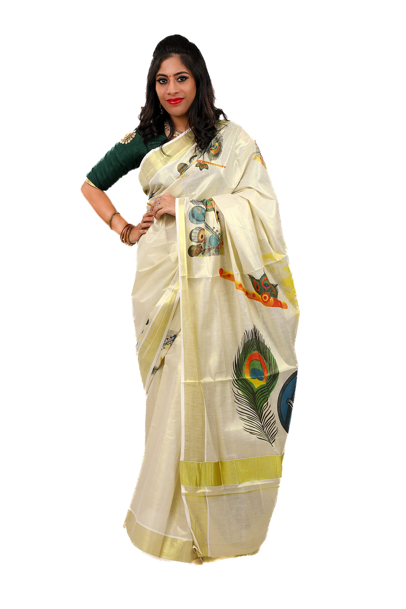 Womens Kuthampully Kerala Kasavu Saree Tissue Mural Painted|Traditional South Indian Saree|Onam Saree - Multi Color Ktm-644