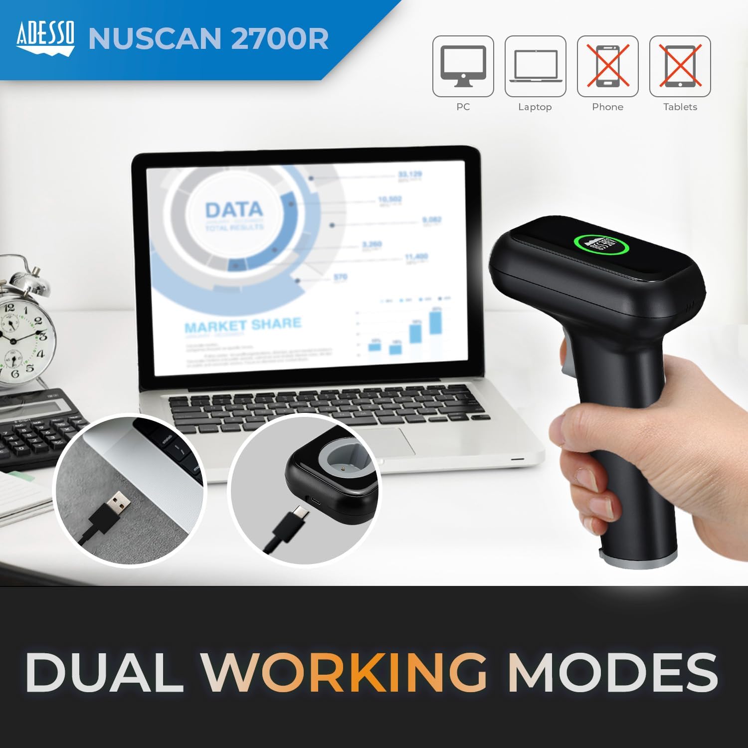Nuscan 2700R Wireless Barcode Scanner with Charging Cradle - High-Speed 2D Scanning Engine, 120 FPS