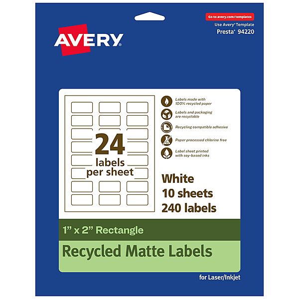 Avery EcoFriendly Matte White Recycled Rectangle Labels, 1" x 2", Print-to-The-Edge, Matte White Labels, Permanent Adhesive, Laser/Inkjet Printable, 240 Total