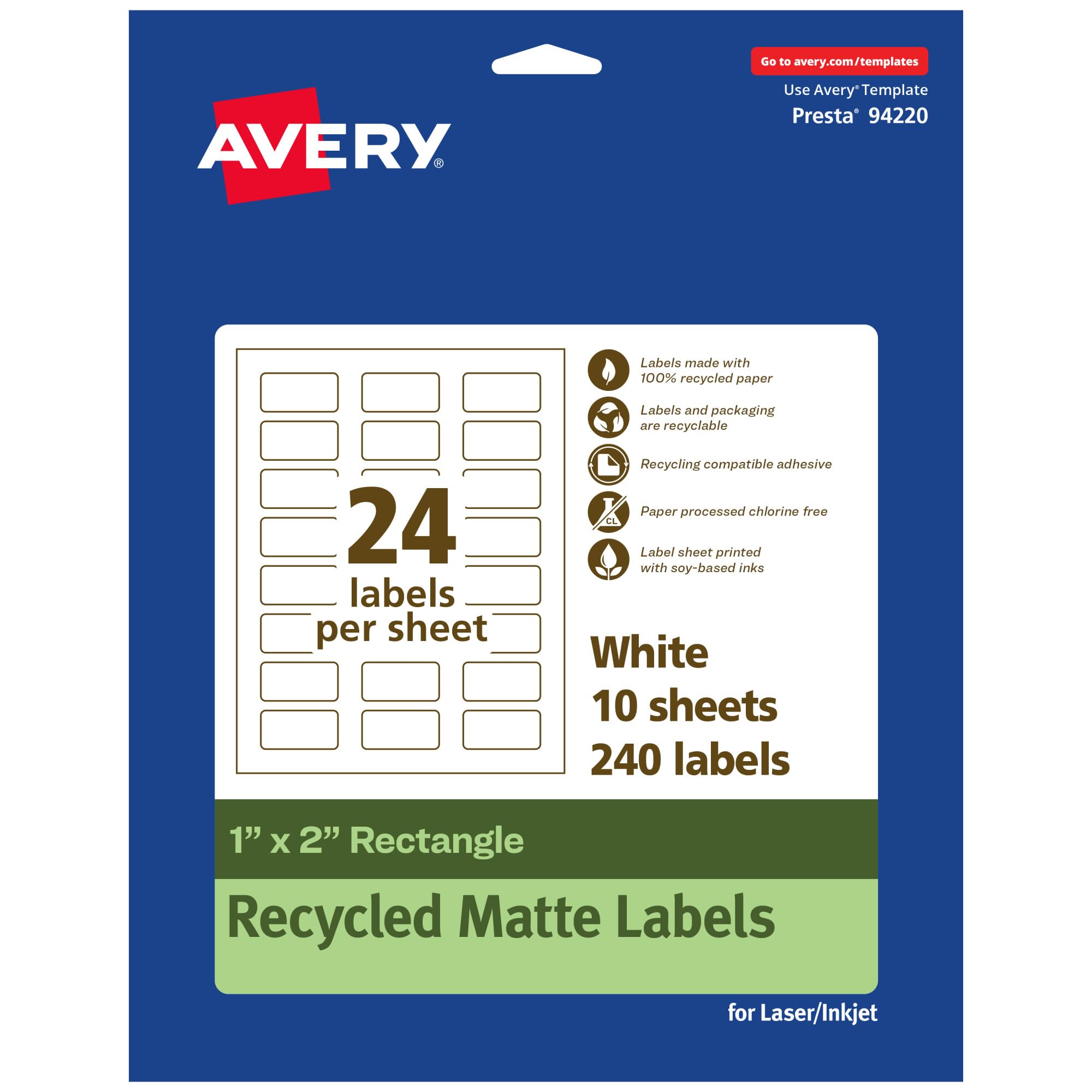 Avery EcoFriendly Matte White Recycled Rectangle Labels, 1" x 2", Print-to-The-Edge, Matte White Labels, Permanent Adhesive