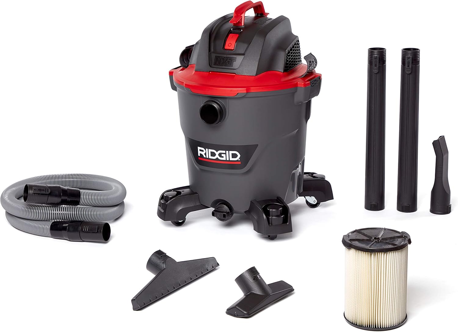 RIDGID 62703 RT1200 NXT 12-Gal. Wet Dry Shop Vacuum with Casters, 5.0 Peak HP Motor, and Pro Locking Hose,Dark Gray and Red