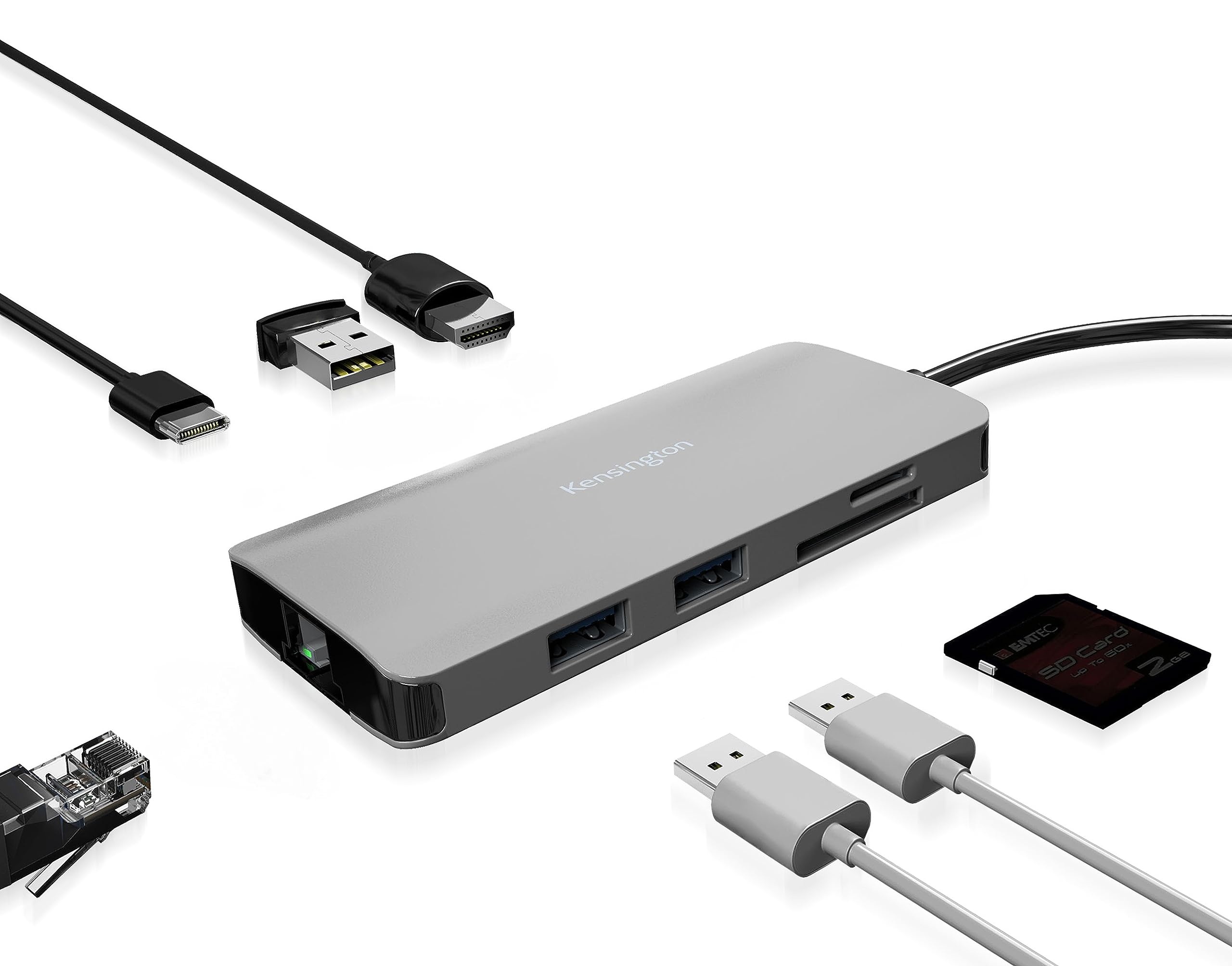 Kensington UH1400P 8-in-1 USB-C Hub with 85W PD, 4K 60Hz HDMI, Ethernet, SD - Silver