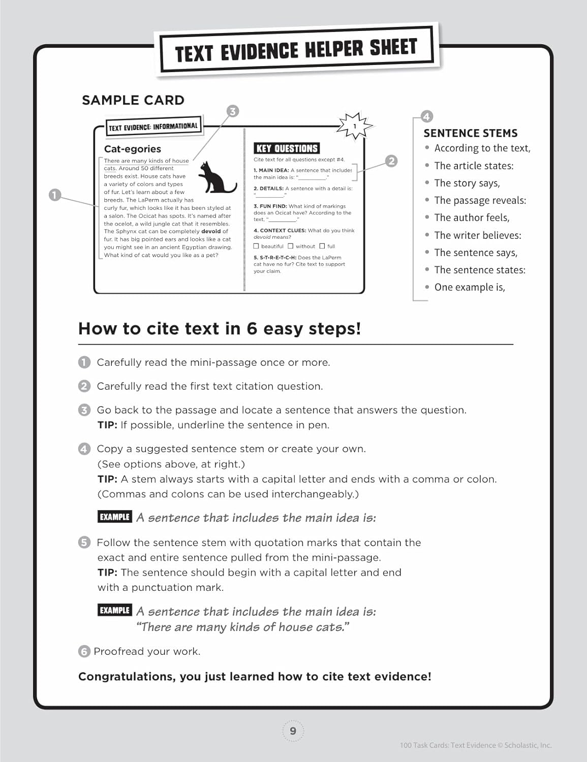 100 Task Cards: Text Evidence: Reproducible Mini-Passages With Key Questions to Boost Reading Comprehension Skills