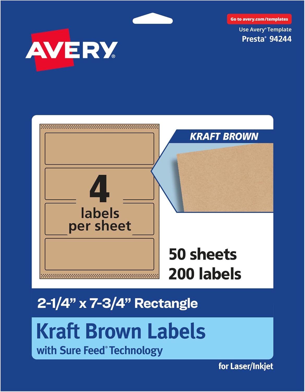 AVERY Kraft Brown Rectangle Labels, Sure Feed Technology, 2.25" x 7.75", Print-to-The-Edge, Laser/Inkjet Printable