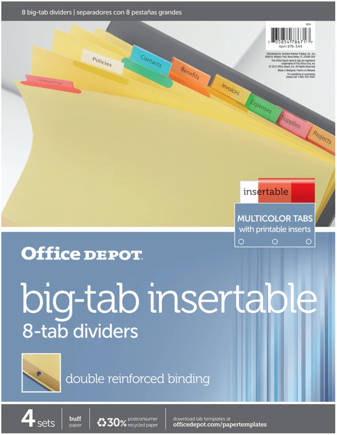 Office Depot Brand Insertable Dividers with Big Tabs, Buff, Assorted Colors, 8-Tab, Pack of 4 Sets
