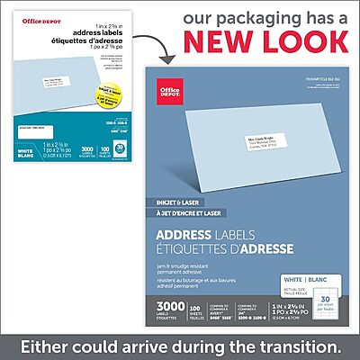 Office Depot White Inkjet/Laser Address Labels, 1in. x 2 5/8in., Box of 3,000, 505-O004-0004