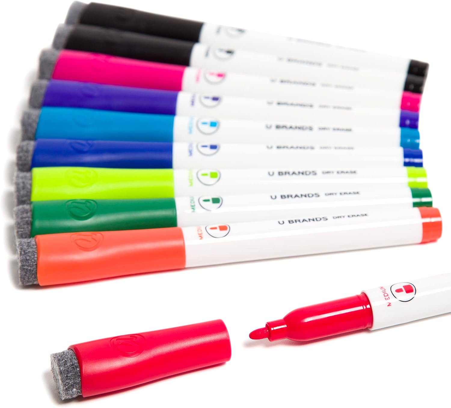U Brands Low-Odor Dry-Erase Markers with Erasers, Medium (2mm) Point, Assorted Colors, Pack of 10