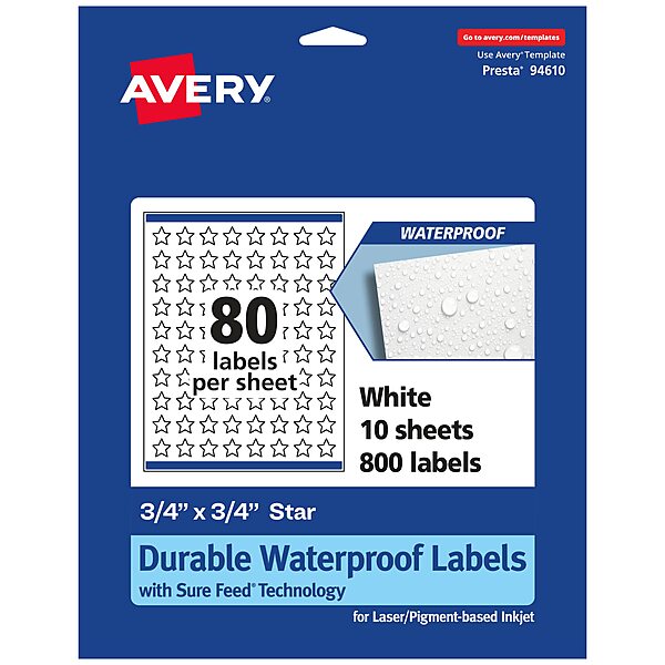 AVERY Durable Waterproof Star Labels, Sure Feed Technology, 0.75" x 0.75"