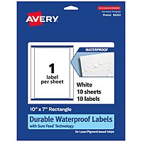 Avery Durable Waterproof Rectangle Labels, Sure Feed Technology, 10" x 7", 10 Total, Oil and Tear-Resistant Waterproof Labels, Laser/Pigment-Based Inkjet Printable 10 labels