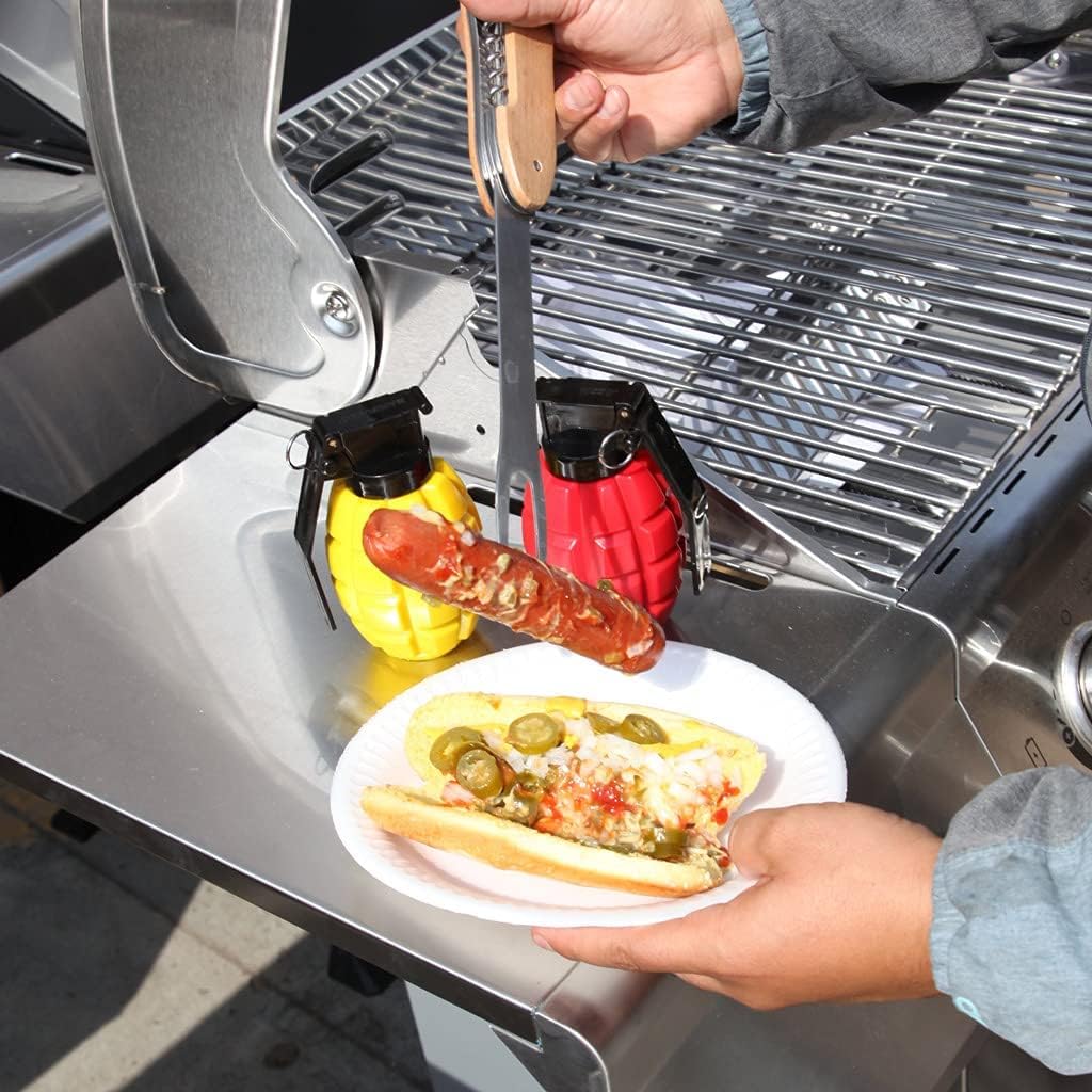 Caliber Gourmet Condiment Dispenser Set. Grenade Shape for BBQ Grill, Camping & Picnics, Ketchup Mustard Bundle Set